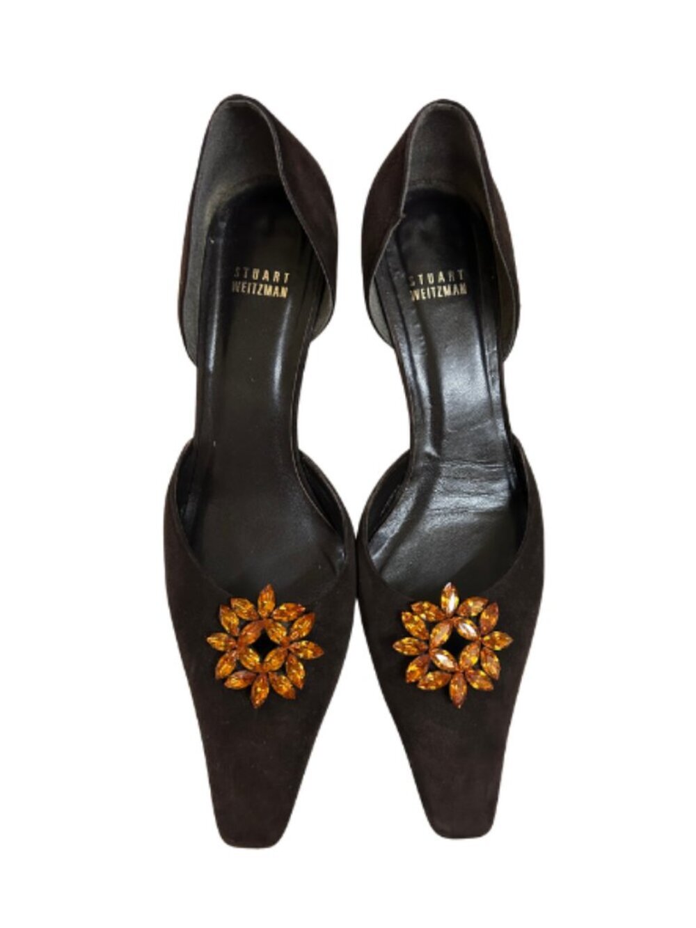 Stuart Weitzman Chocolate Kitten Heels with Stone Detail- Size 10